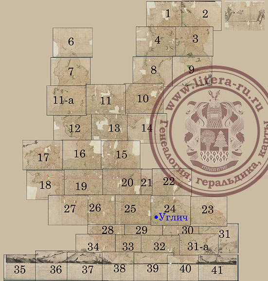 сборный лист Угличского уезда 1774, на сборном непоказана текстовая часть уходящая вниз, которая по размерам больше самой карты и является расшифровкой номеров дач